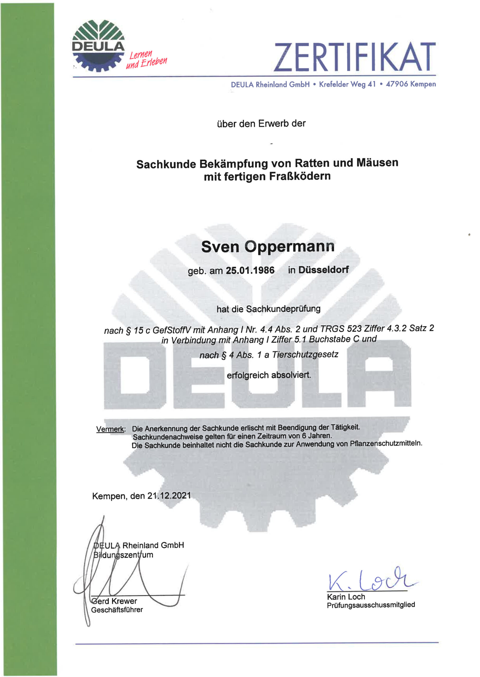 Zertifikat Bekämpfung Ratten Maeuse Sven Oppermann